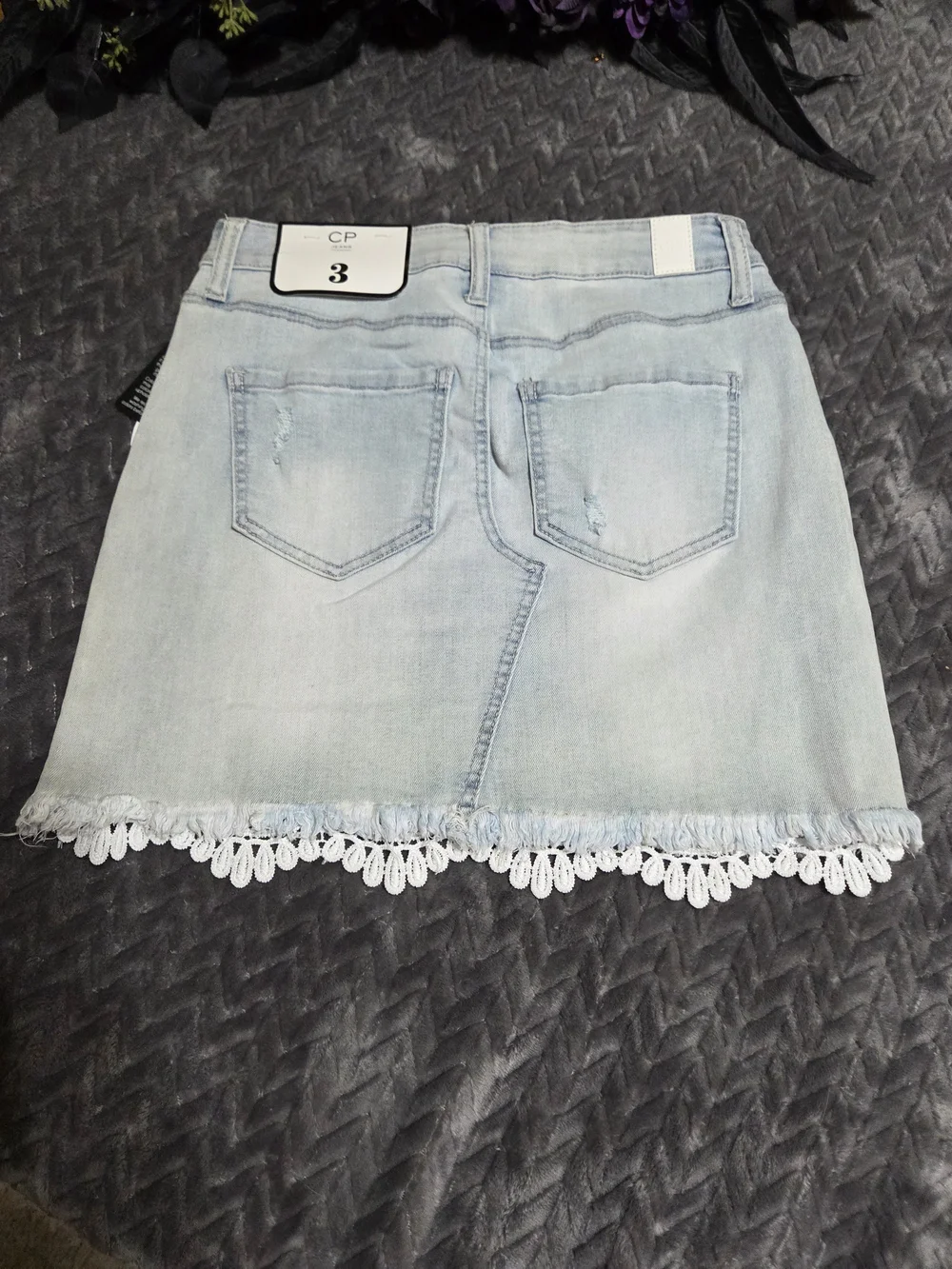 CP Jeans Light Blue Denim Mini Skirt with White Lace Trim